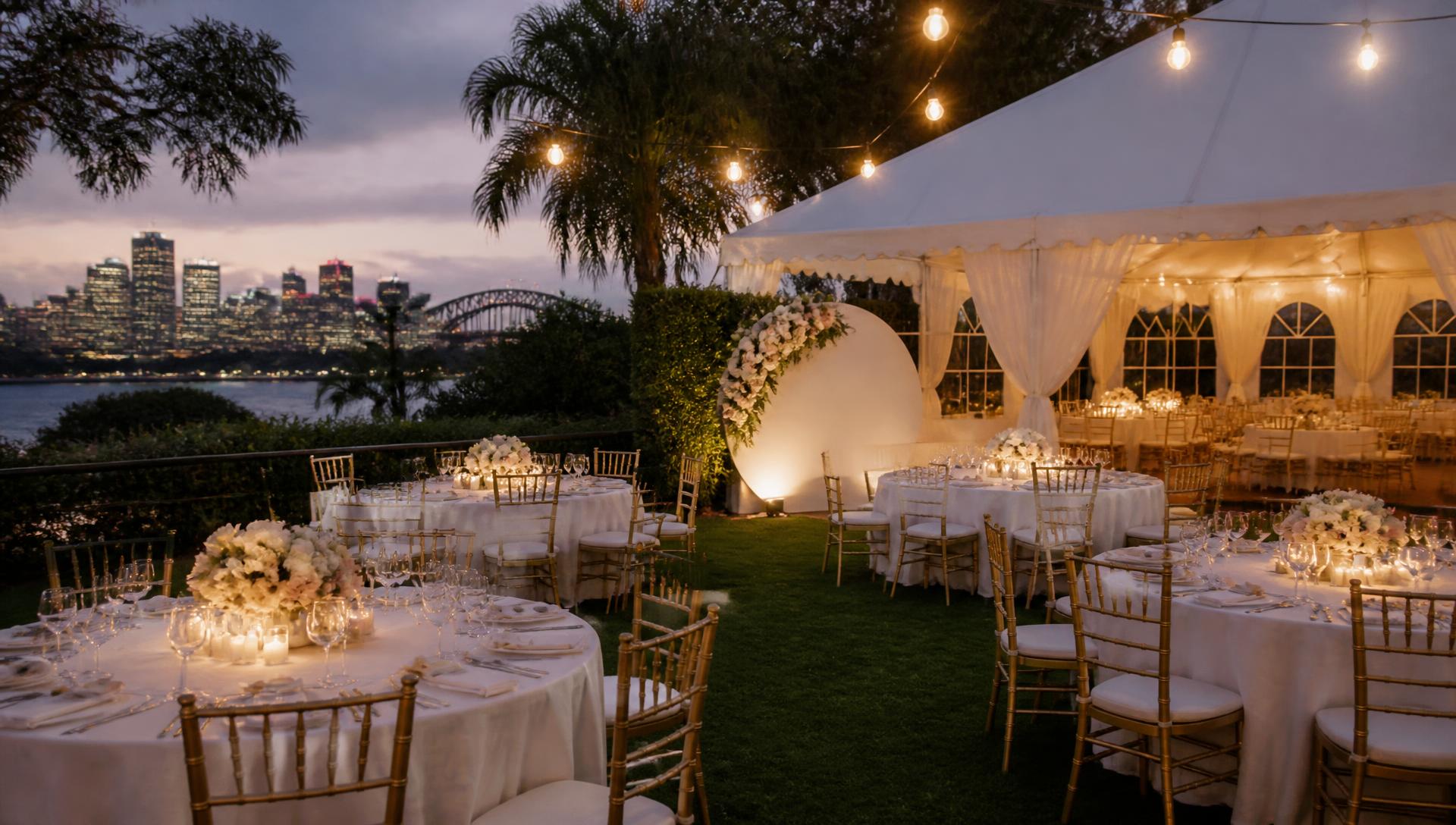 Marquee, gold chairs and festoon lighting set up for an evening party in Sydney